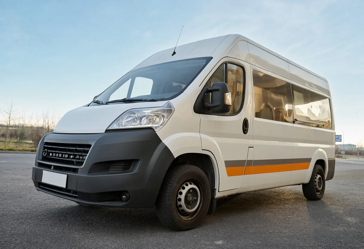 Delivery van with warm window light, low angle