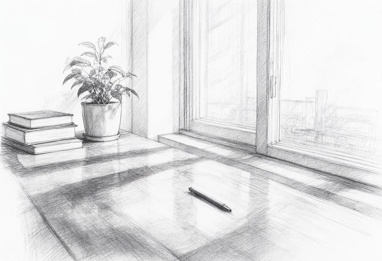 Window desk with cool clean light, low angle