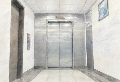 Elevator lobby in muted tones, low angle