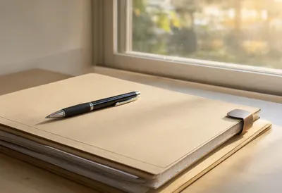 Pen and folder with warm window light, low angle