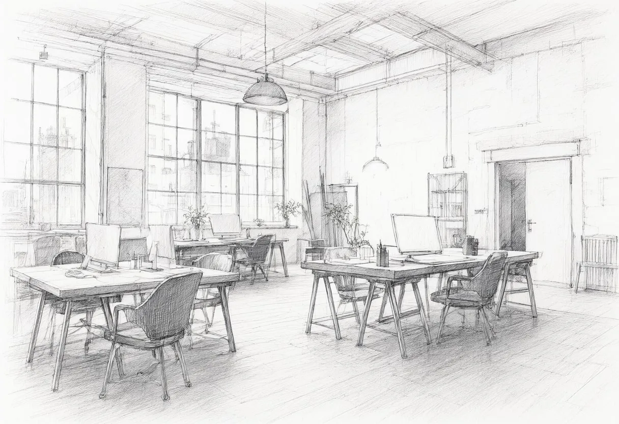Startup loft with cool clean light, low angle