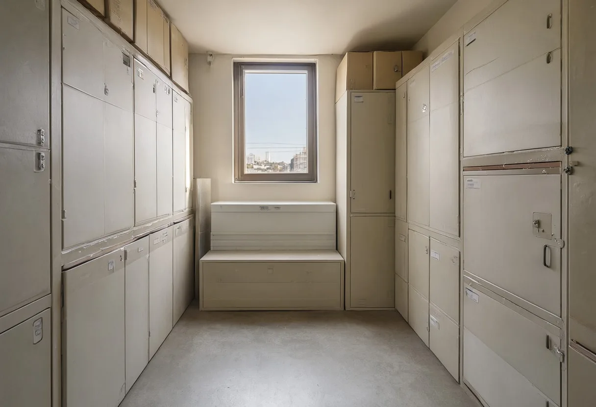 Storage room in soft daylight, low angle