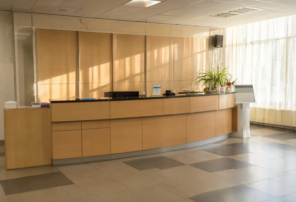 Reception desk with warm window light, low angle