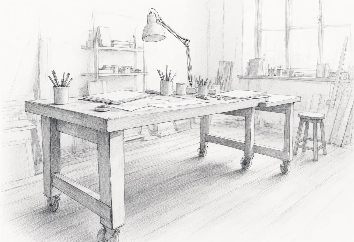 Workshop bench with cool clean light, low angle