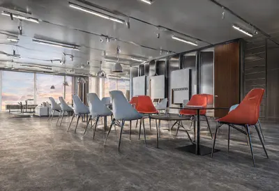 Showroom floor at dusk, low angle