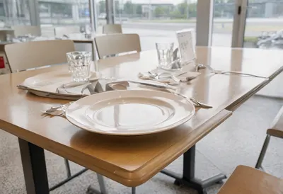 Canteen table in soft daylight, low angle