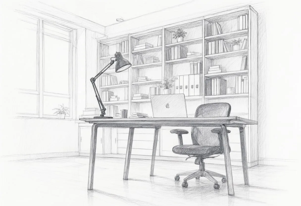 Bookshelf office with cool clean light, low angle