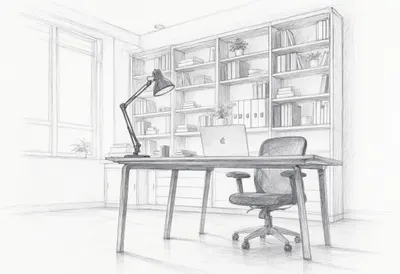 Bookshelf office with cool clean light, low angle
