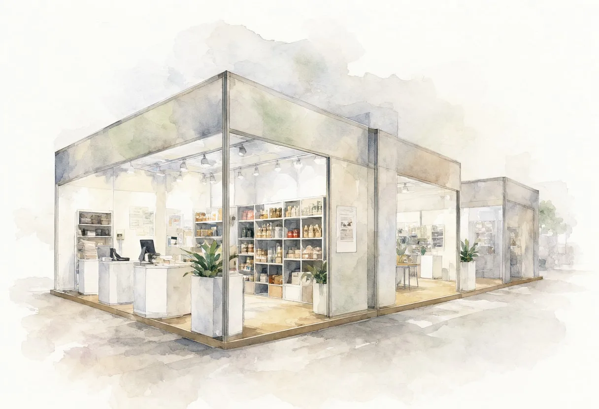 Trade fair booth in muted tones, low angle