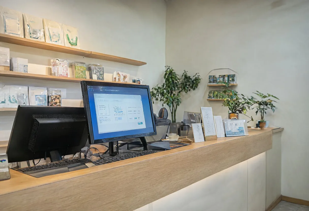 Service counter in soft daylight, low angle