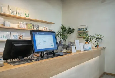 Service counter in soft daylight, low angle