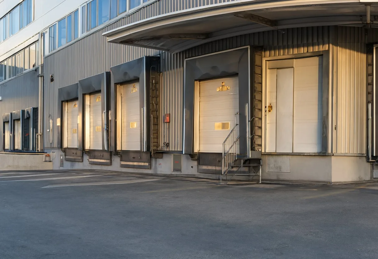 Loading dock with warm window light, low angle