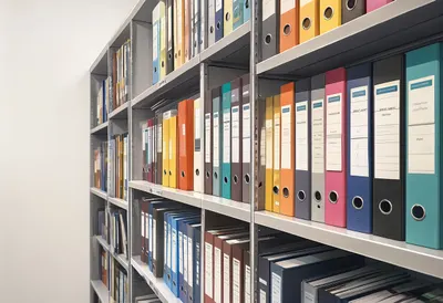 Archive shelves in a minimal setting, low angle