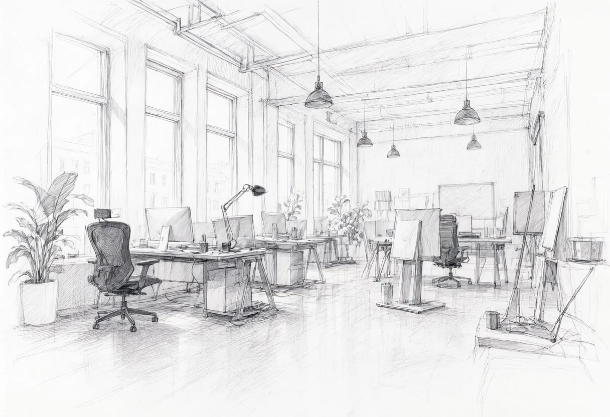 Design studio with cool clean light, low angle