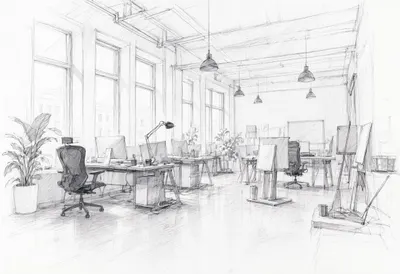Design studio with cool clean light, low angle