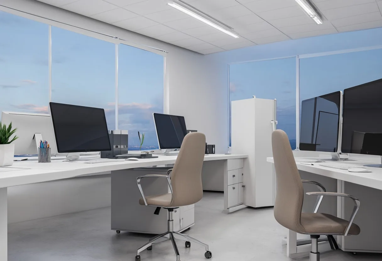 Copy room at dusk, low angle