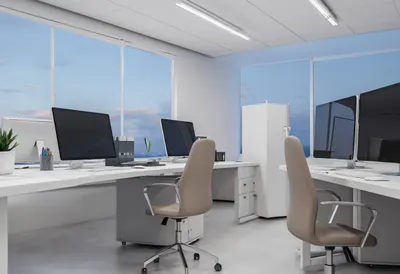 Copy room at dusk, low angle
