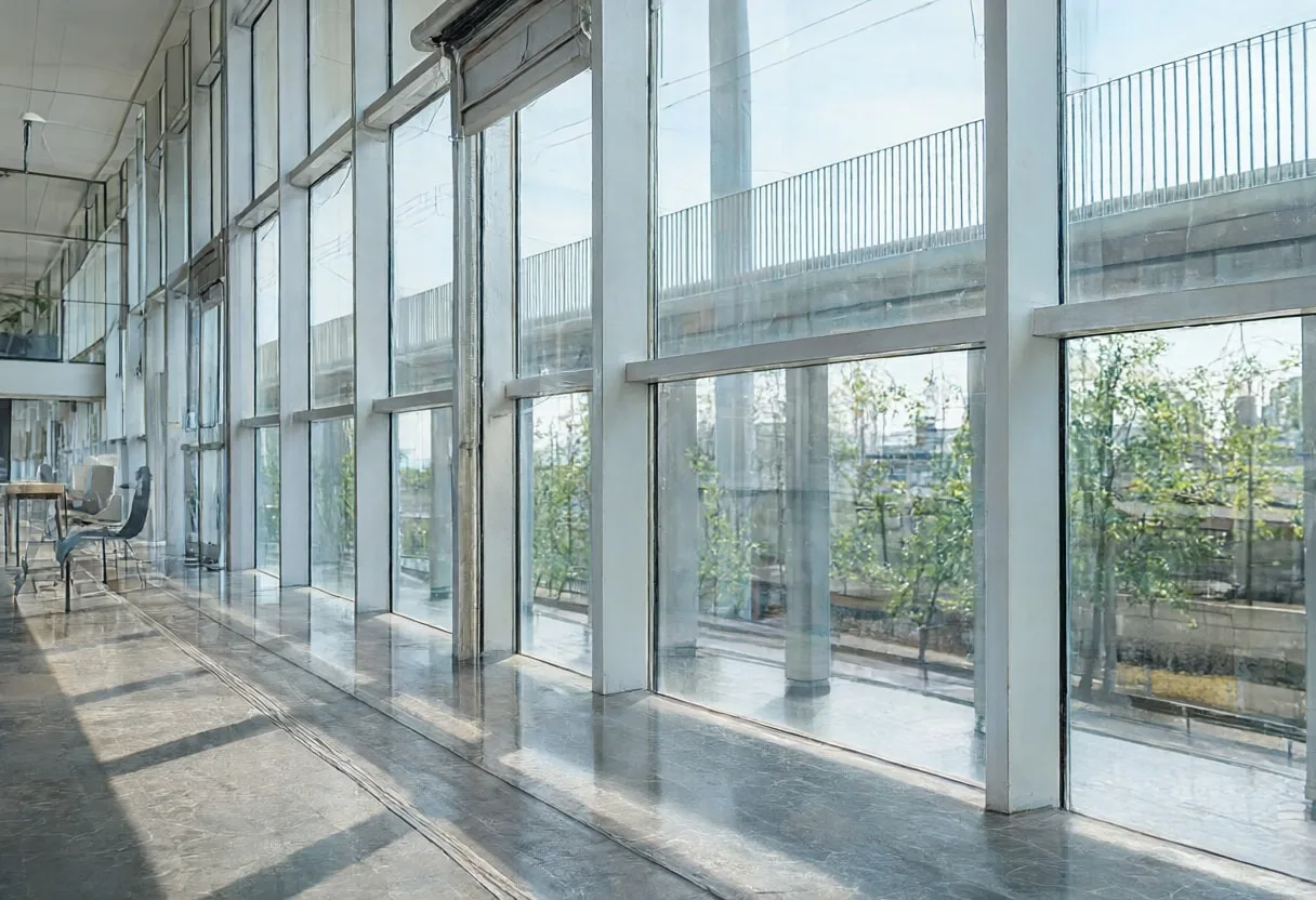 Glass corridor in soft daylight, low angle