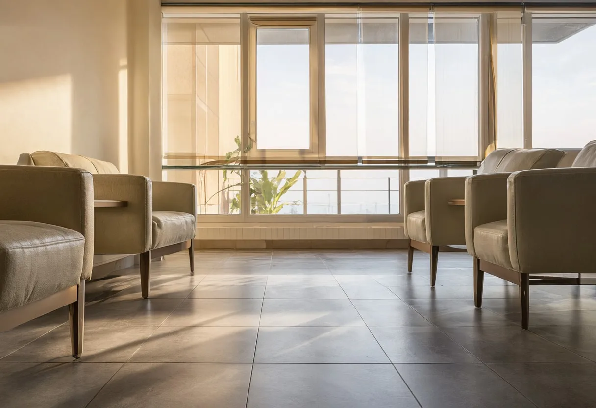 Client lounge with warm window light, low angle