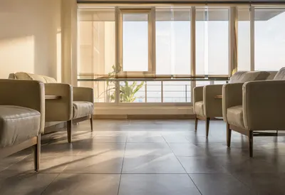 Client lounge with warm window light, low angle