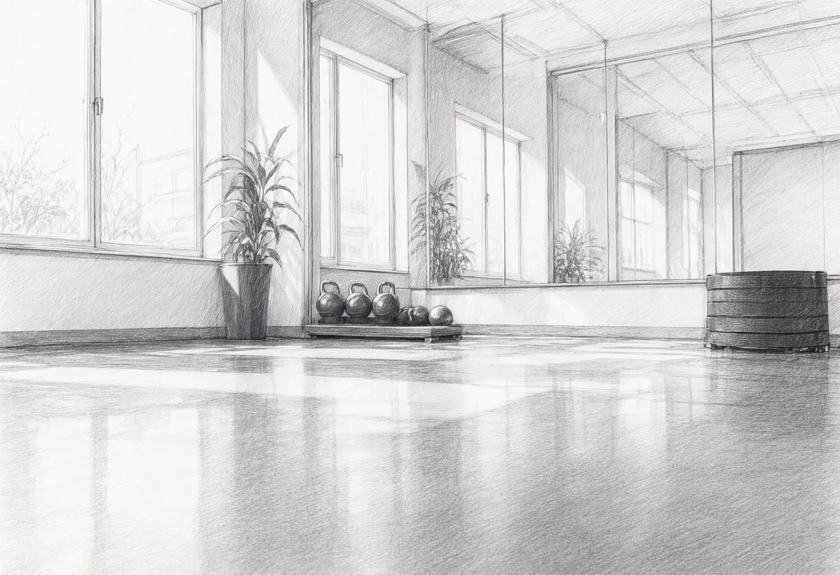 Training room with cool clean light, low angle