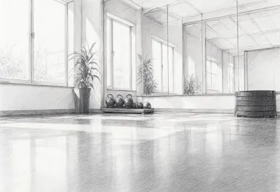 Training room with cool clean light, low angle
