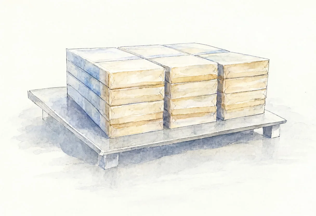 Packaging bench in muted tones, low angle