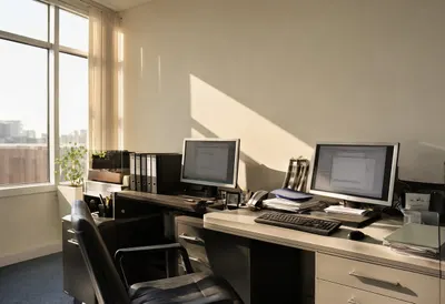 Dispatch desk with warm window light, low angle