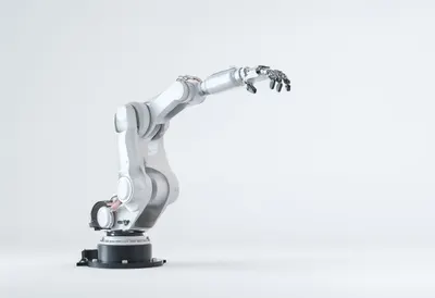 Robot arm line in a clean studio, wide angle