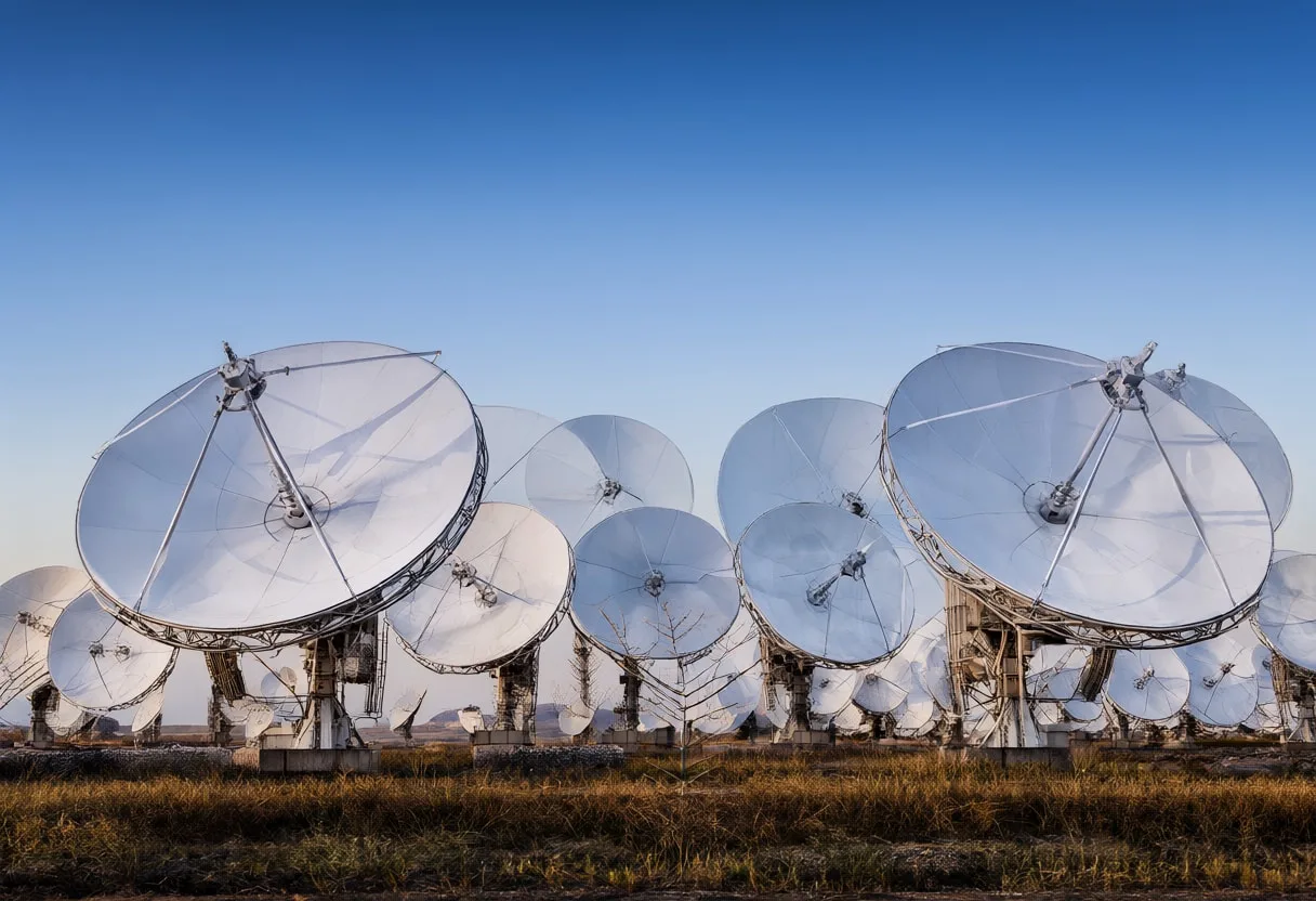 Satellite dish array at dusk, wide angle