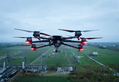 Drone over field in a lab setting, wide angle