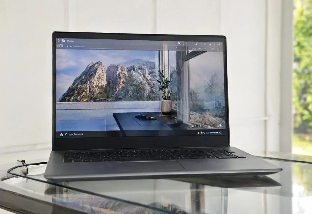 Laptop on glass desk under natural daylight, wide angle