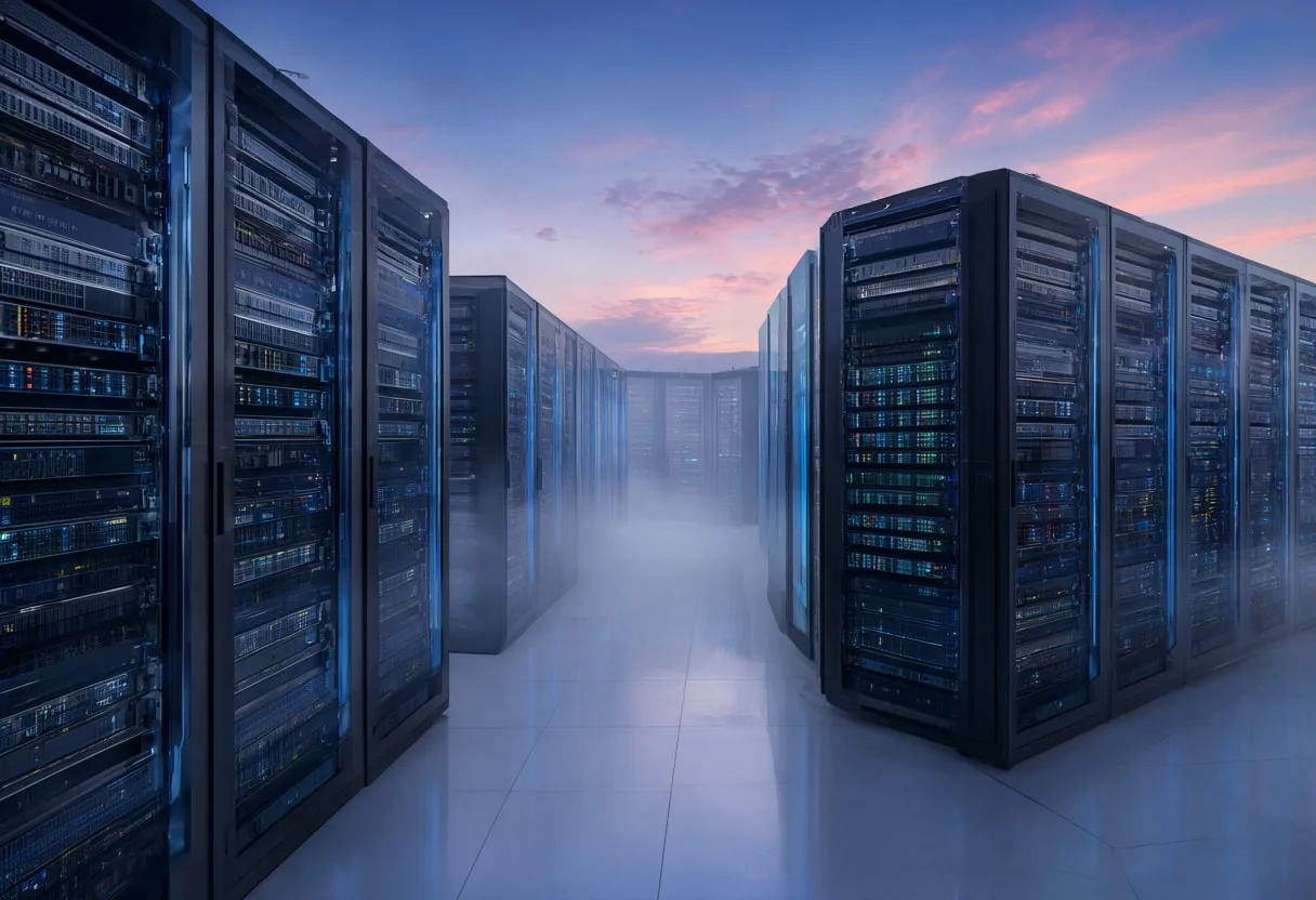 Server room fog at dusk, wide angle