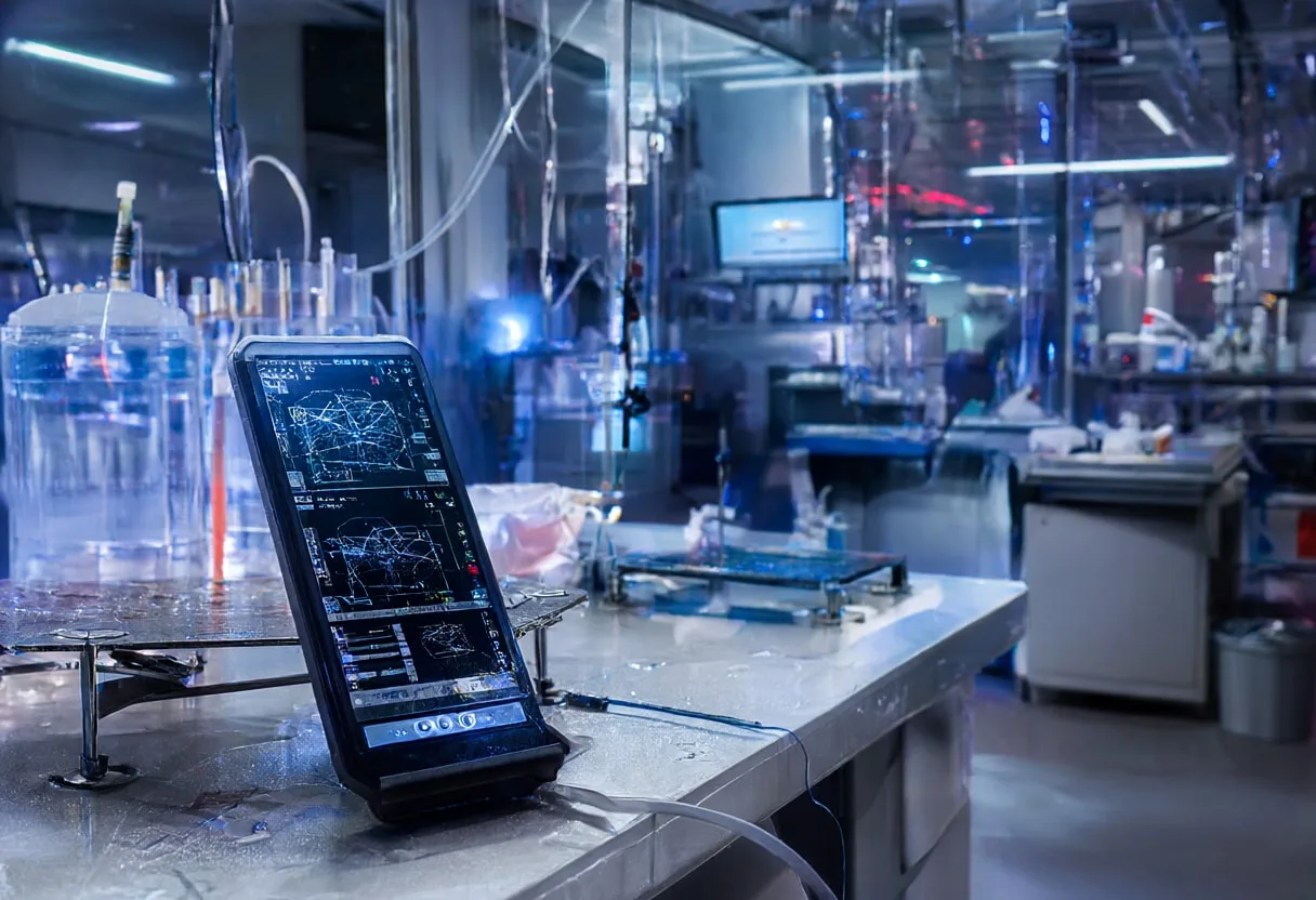 Phone on charger in a lab setting, wide angle