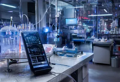 Phone on charger in a lab setting, wide angle