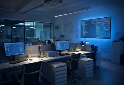 Workspace at night with cool blue light, wide angle