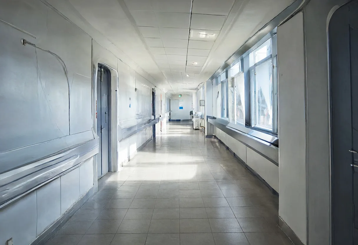 Futuristic corridor with soft rim light, wide angle