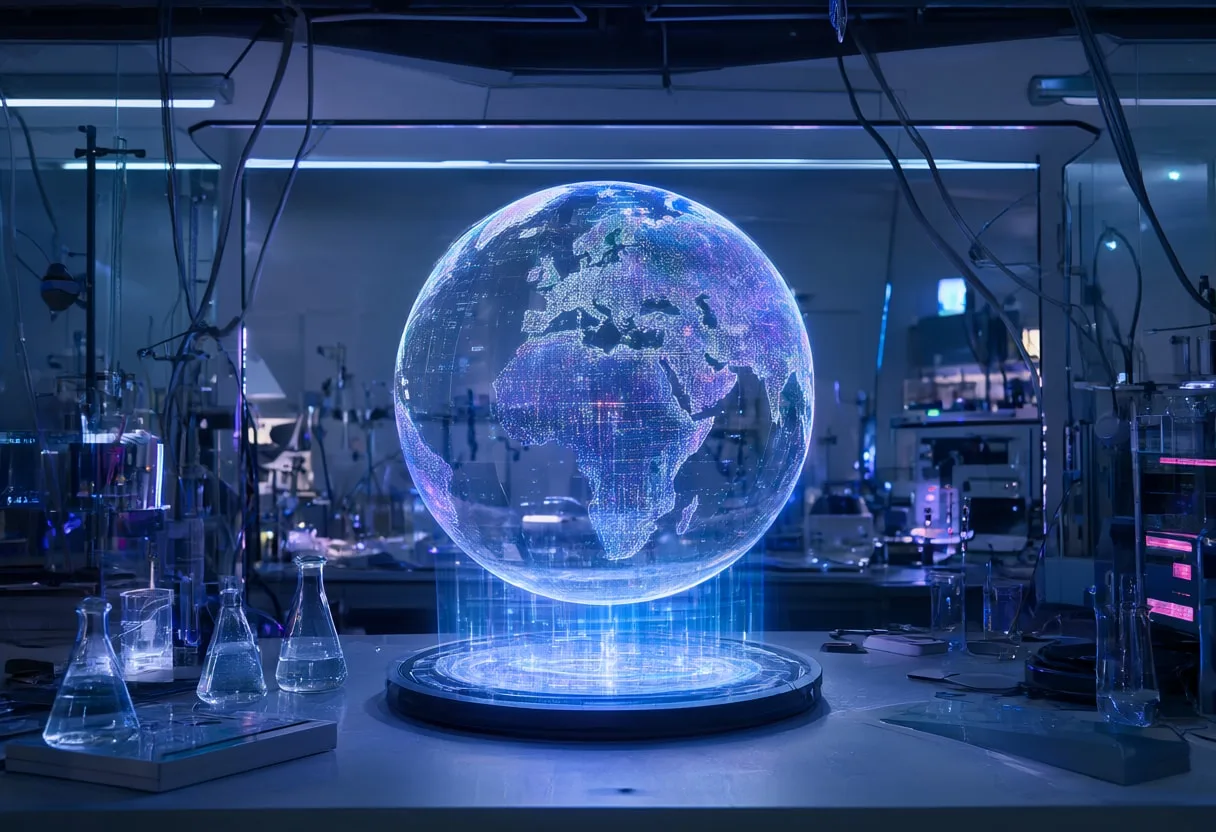 Holographic sphere in a lab setting, wide angle