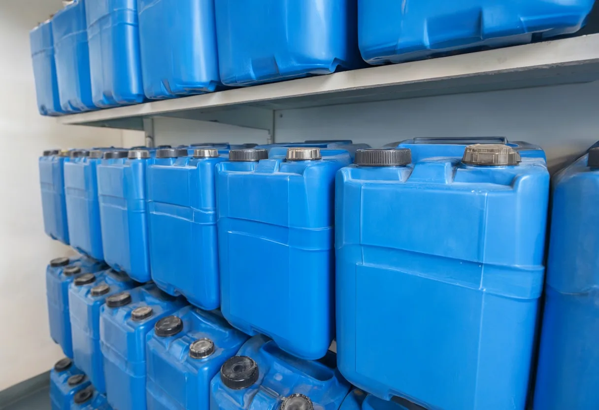 Battery containers with cool blue light, wide angle