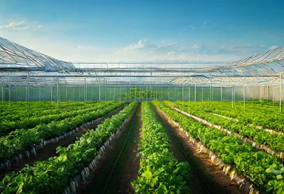 Robotic greenhouse at dusk, wide angle