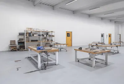 Blade workshop in a clean studio, wide angle