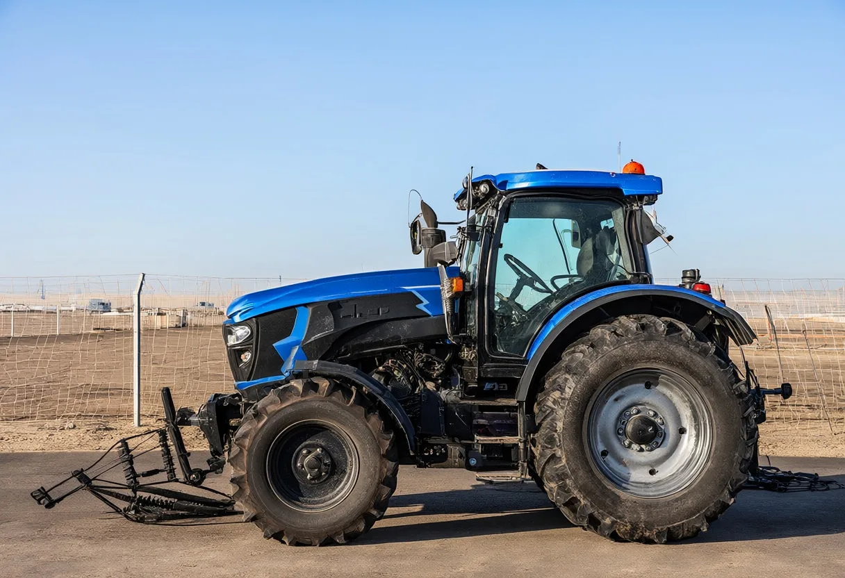 Autonomous tractor with cool blue light, wide angle