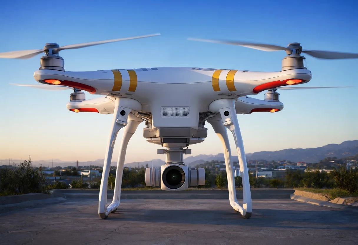 Drone hub at dusk, wide angle