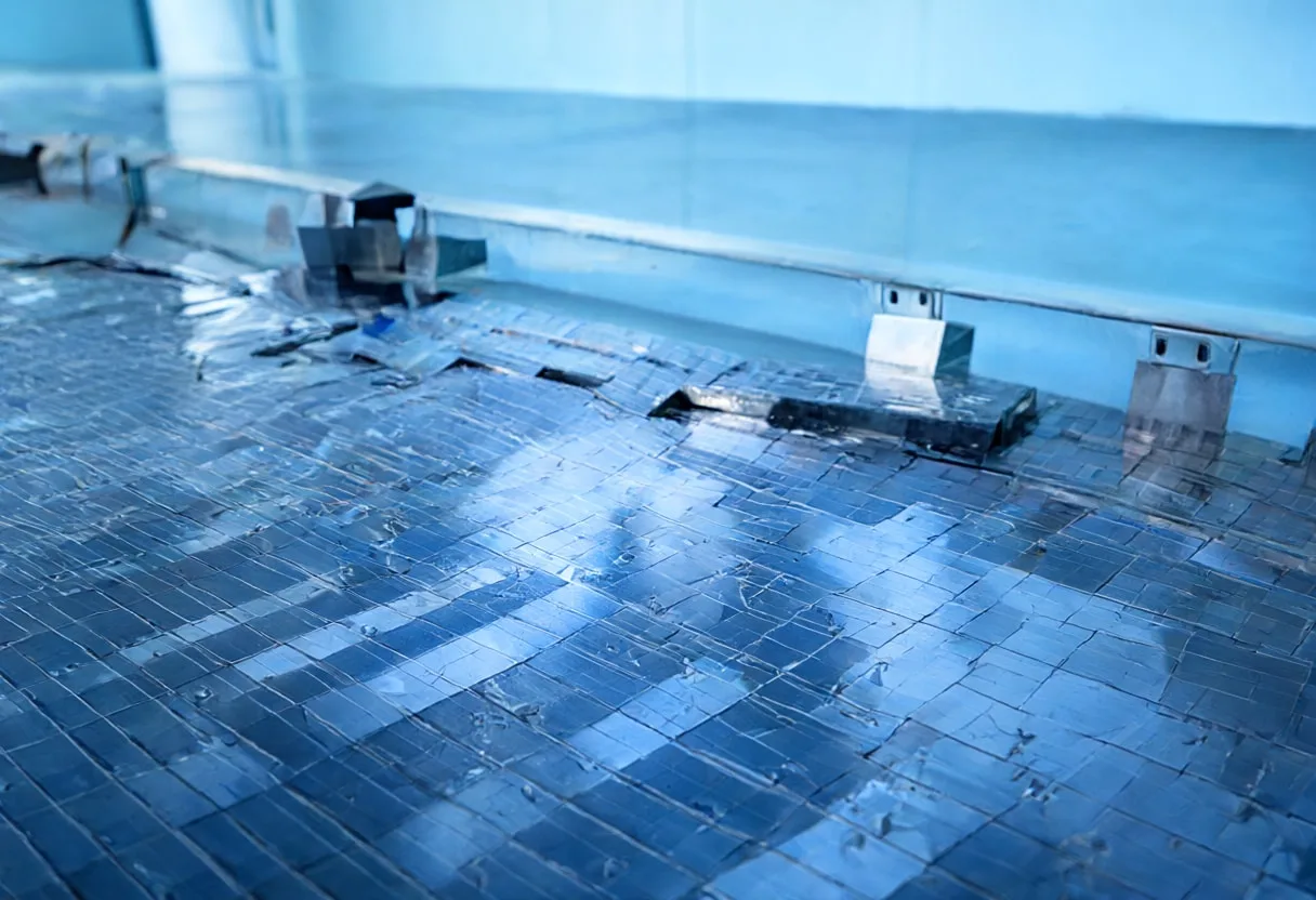Cleanroom wafer with cool blue light, wide angle