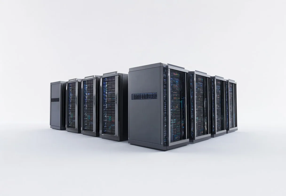 Ai server cluster in a clean studio, wide angle