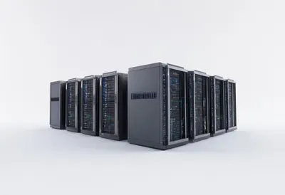 Ai server cluster in a clean studio, wide angle