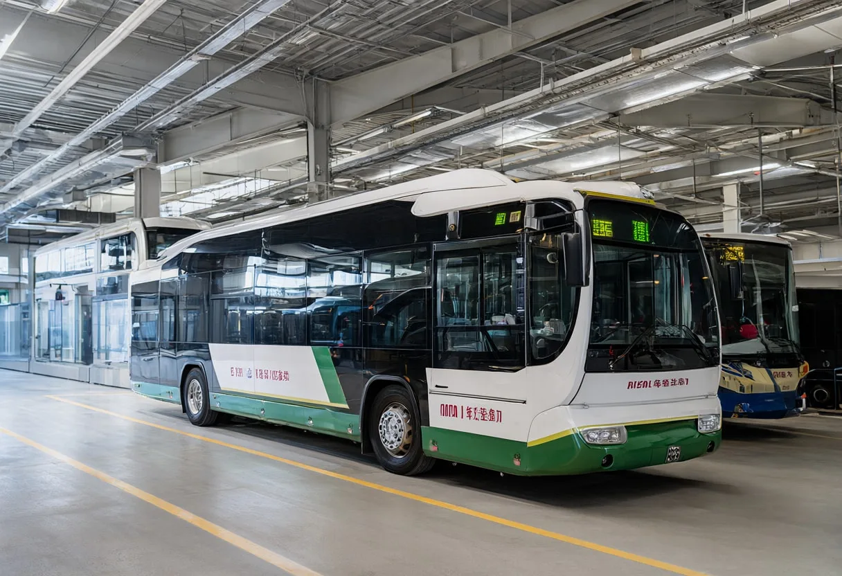 Electric bus depot with soft rim light, wide angle