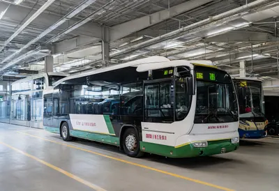 Electric bus depot with soft rim light, wide angle