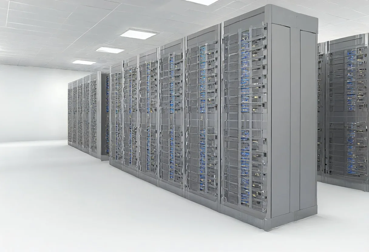 Server rack aisle in a clean studio, low angle