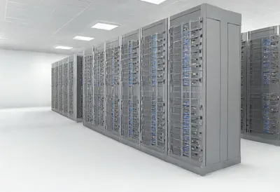Server rack aisle in a clean studio, low angle